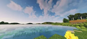 一张包含晴天大海草地的MC风景照